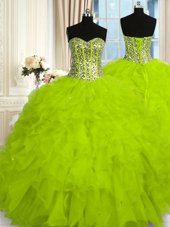 Unique Ball Gowns Sweet 16 Dresses Yellow Green Sweetheart Organza Sleeveless Floor Length Lace Up