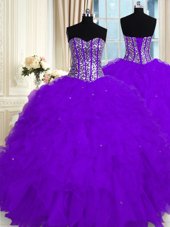 Smart Floor Length Lace Up Quince Ball Gowns Eggplant Purple and In for Military Ball and Sweet 16 and Quinceanera with Beading and Ruffles