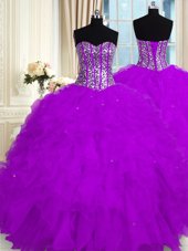 Purple Quinceanera Dresses Military Ball and Sweet 16 and Quinceanera and For with Beading and Ruffles Sweetheart Sleeveless Lace Up