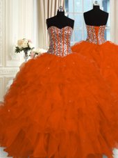 Trendy Floor Length Lace Up Sweet 16 Dress Orange Red and In for Military Ball and Sweet 16 and Quinceanera with Beading and Ruffles