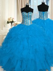 Designer Floor Length Blue Quince Ball Gowns Organza Sleeveless Beading and Ruffles