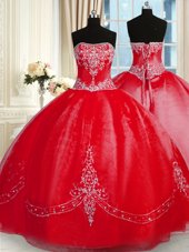 Glamorous Red Strapless Lace Up Beading and Embroidery Sweet 16 Dress Sleeveless