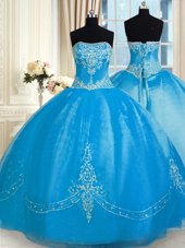 Affordable Baby Blue Ball Gowns Tulle Strapless Sleeveless Embroidery Floor Length Lace Up Quinceanera Gowns