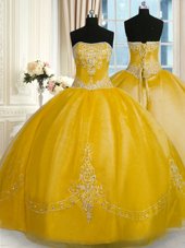 Inexpensive Yellow Ball Gowns Beading and Embroidery Quinceanera Gowns Lace Up Organza Sleeveless Floor Length