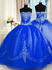 Custom Design Organza Strapless Sleeveless Lace Up Beading and Embroidery Quinceanera Gowns in Royal Blue