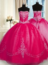 Noble Floor Length Fuchsia Quinceanera Gowns Strapless Sleeveless Lace Up