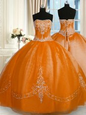 Unique Sleeveless Organza Floor Length Lace Up Vestidos de Quinceanera in Gold for with Beading and Embroidery