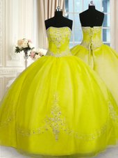 Sleeveless Organza Floor Length Lace Up 15th Birthday Dress in Yellow Green for with Beading and Embroidery