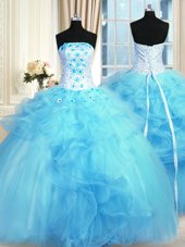 Custom Design Baby Blue Tulle Lace Up Strapless Sleeveless Floor Length Ball Gown Prom Dress Pick Ups and Hand Made Flower