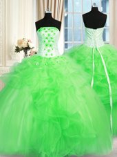 Stunning Floor Length Quince Ball Gowns Tulle Sleeveless Pick Ups and Hand Made Flower