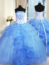 Edgy Blue Lace Up Strapless Pick Ups and Hand Made Flower Quince Ball Gowns Tulle Sleeveless