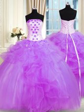 Fantastic Purple Sleeveless Pick Ups and Hand Made Flower Floor Length Sweet 16 Dress