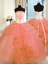 Decent Orange Ball Gowns Tulle Strapless Sleeveless Pick Ups and Hand Made Flower Floor Length Lace Up Quinceanera Dress