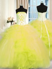 Vintage Floor Length Lace Up Sweet 16 Dresses Yellow Green and In for Military Ball and Sweet 16 and Quinceanera with Beading and Ruffles