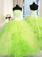 Most Popular Lace Up Strapless Beading and Ruffles 15 Quinceanera Dress Tulle Sleeveless