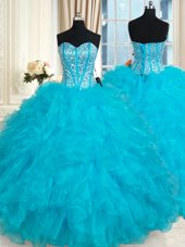 Ideal Floor Length Ball Gowns Sleeveless Aqua Blue Quinceanera Gown Lace Up