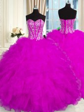 Chic Sleeveless Organza Floor Length Lace Up Quinceanera Gowns in Fuchsia for with Beading and Ruffles