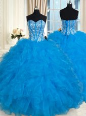 Free and Easy Baby Blue Sleeveless Floor Length Beading and Ruffles Lace Up Quinceanera Gown