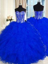 Dynamic Organza Sweetheart Sleeveless Lace Up Beading and Ruffles Sweet 16 Dress in Royal Blue