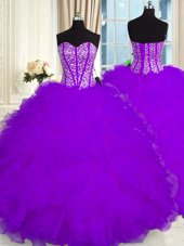 Glamorous Purple Sweetheart Lace Up Beading and Ruffles Quince Ball Gowns Sleeveless