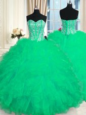 Organza Sweetheart Sleeveless Lace Up Beading and Ruffles Quinceanera Gown in Turquoise