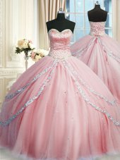 Suitable Sweetheart Sleeveless Quinceanera Dresses With Train Court Train Beading and Appliques Pink Tulle