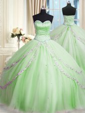 Stylish Sweetheart Sleeveless Court Train Lace Up 15 Quinceanera Dress Apple Green Tulle