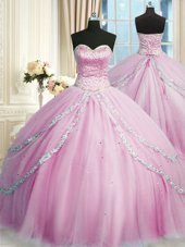 Pretty Lilac Sleeveless With Train Beading and Appliques Lace Up 15th Birthday Dress