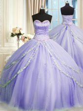 Smart Beading and Appliques 15th Birthday Dress Lavender Lace Up Sleeveless With Train Court Train
