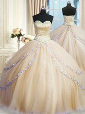 Charming Gold Sweetheart Lace Up Beading and Appliques 15th Birthday Dress Court Train Sleeveless