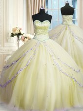 Trendy Light Yellow Sleeveless Organza Court Train Lace Up Vestidos de Quinceanera for Military Ball and Sweet 16 and Quinceanera
