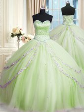 Eye-catching With Train Yellow Green Sweet 16 Dresses Tulle Court Train Sleeveless Beading and Appliques