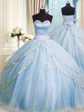 Glorious Sleeveless With Train Beading and Appliques Lace Up Ball Gown Prom Dress with Baby Blue Court Train
