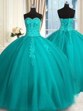 Elegant Tulle Sweetheart Sleeveless Lace Up Appliques and Embroidery Quinceanera Gown in Teal