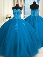 Glorious Appliques and Embroidery Quinceanera Gown Teal Lace Up Sleeveless Floor Length