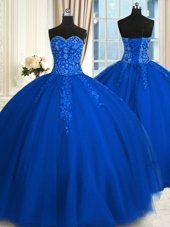 Sweet Blue Tulle Lace Up Quinceanera Dress Sleeveless Floor Length Appliques and Embroidery