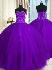 Inexpensive Purple Tulle Lace Up Quinceanera Gown Sleeveless Floor Length Appliques