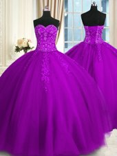 Fashionable Sleeveless Floor Length Appliques and Embroidery Lace Up Quinceanera Gowns with Purple