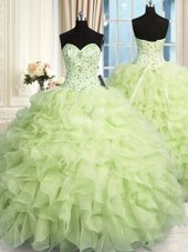 Luxurious Floor Length Yellow Green Ball Gown Prom Dress Organza Sleeveless Beading and Ruffles