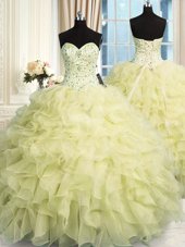 Inexpensive Organza Sweetheart Sleeveless Lace Up Beading and Ruffles Quinceanera Gown in Yellow
