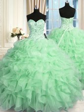 Inexpensive Sweetheart Sleeveless Quinceanera Gowns Floor Length Beading and Ruffles Apple Green Organza