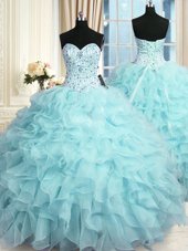 Fashionable Aqua Blue Sleeveless Beading and Ruffles Floor Length 15 Quinceanera Dress