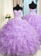 Fitting Lavender Ball Gowns Sweetheart Sleeveless Organza Floor Length Lace Up Beading and Ruffles 15th Birthday Dress