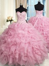 Super Sweetheart Sleeveless Quinceanera Gown Floor Length Beading and Ruffles Rose Pink Organza