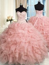 Sophisticated Beading and Ruffles Sweet 16 Dress Baby Pink Lace Up Sleeveless Floor Length