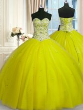 Enchanting Sweetheart Sleeveless Tulle 15th Birthday Dress Beading and Sequins Lace Up