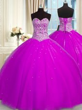 Excellent Fuchsia Ball Gowns Organza Sweetheart Sleeveless Beading and Sequins Floor Length Lace Up Ball Gown Prom Dress