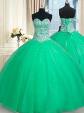Apple Green Ball Gowns Beading and Sequins Quinceanera Dresses Lace Up Tulle Sleeveless Floor Length