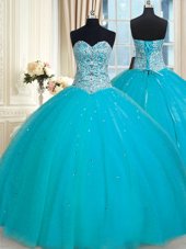Dynamic Aqua Blue Ball Gowns Tulle Sweetheart Sleeveless Beading and Sequins Floor Length Lace Up Quinceanera Dress
