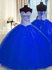 Sleeveless Tulle Floor Length Backless Sweet 16 Dress in Royal Blue for with Beading and Sequins